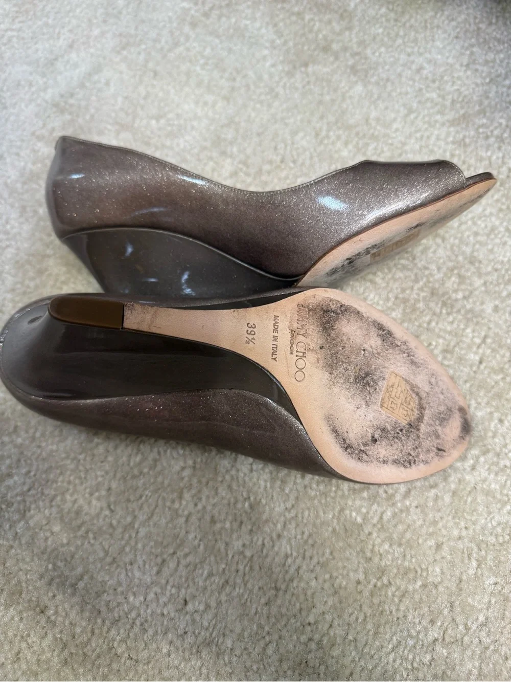 Jimmy Choo Shimmering Metallic Taupe/Brown Peep-Toe Wedge Pumps